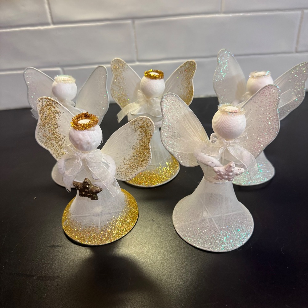 Handmade Mesh Angel Ornaments Set of 5 Small White Gold Glitter Celestial Decor